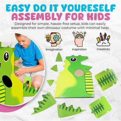DIY Assembling dinosaur costumes in cardboard boxes