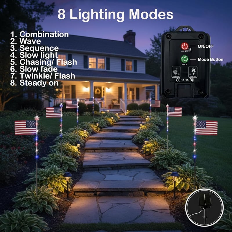 8 Solar American Flag Pathway Lights – Red, White & Blue Yard Glow for 250th Independence Celebration 🇺🇸✨