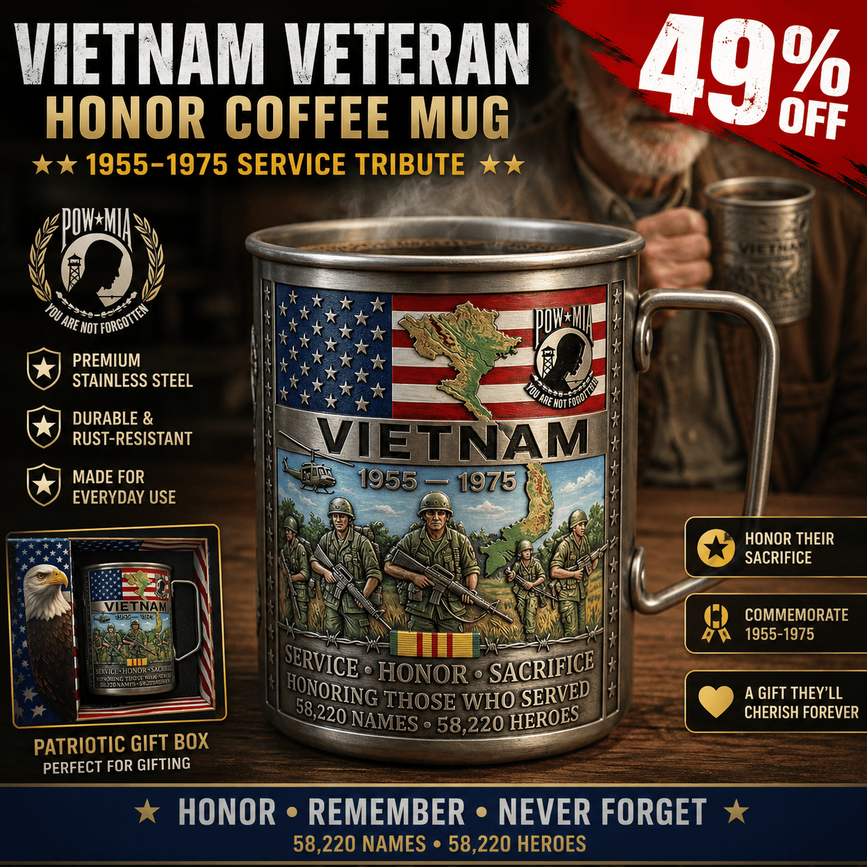 🎖️Vietnam Veteran Honor Coffee Mug – 1955-1975 Service Tribute